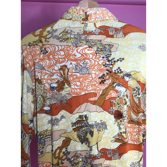 1970s CALIFORNIA SHIRT WORKS. Japanese Geisha Disco Printed Button. M. As Is - Picture 8 of 10